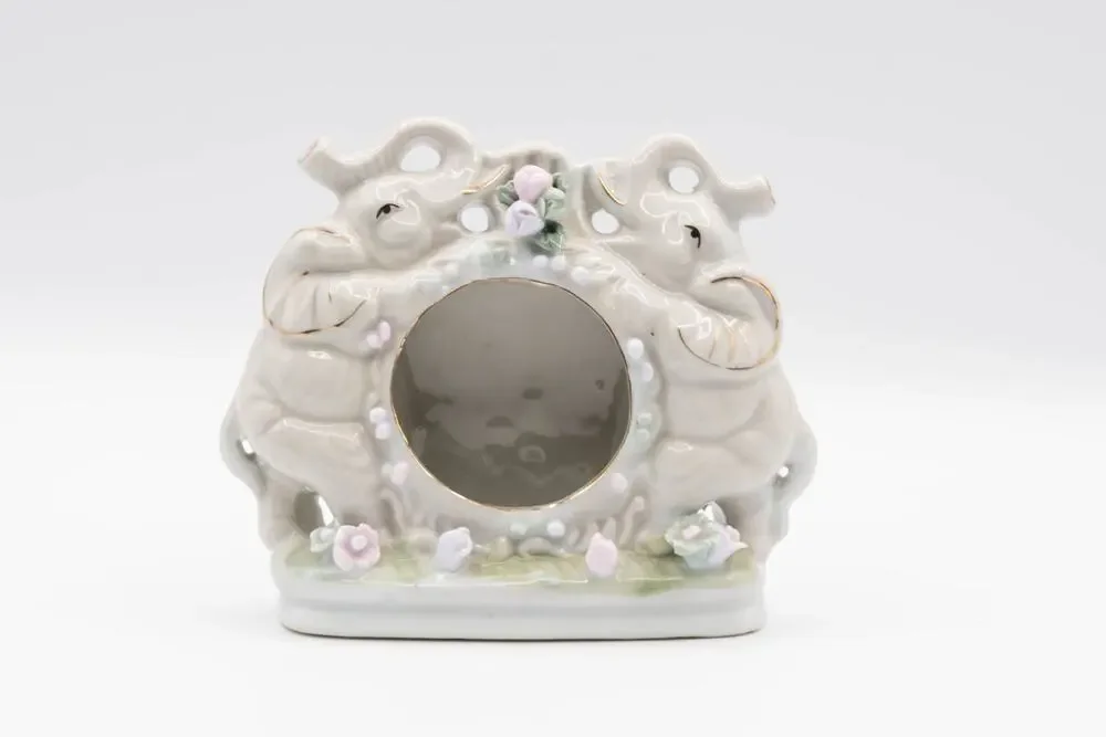 Vintage Ceramic Elephant Picture Frame Porcelain Figurine Gold Trim Mid Century